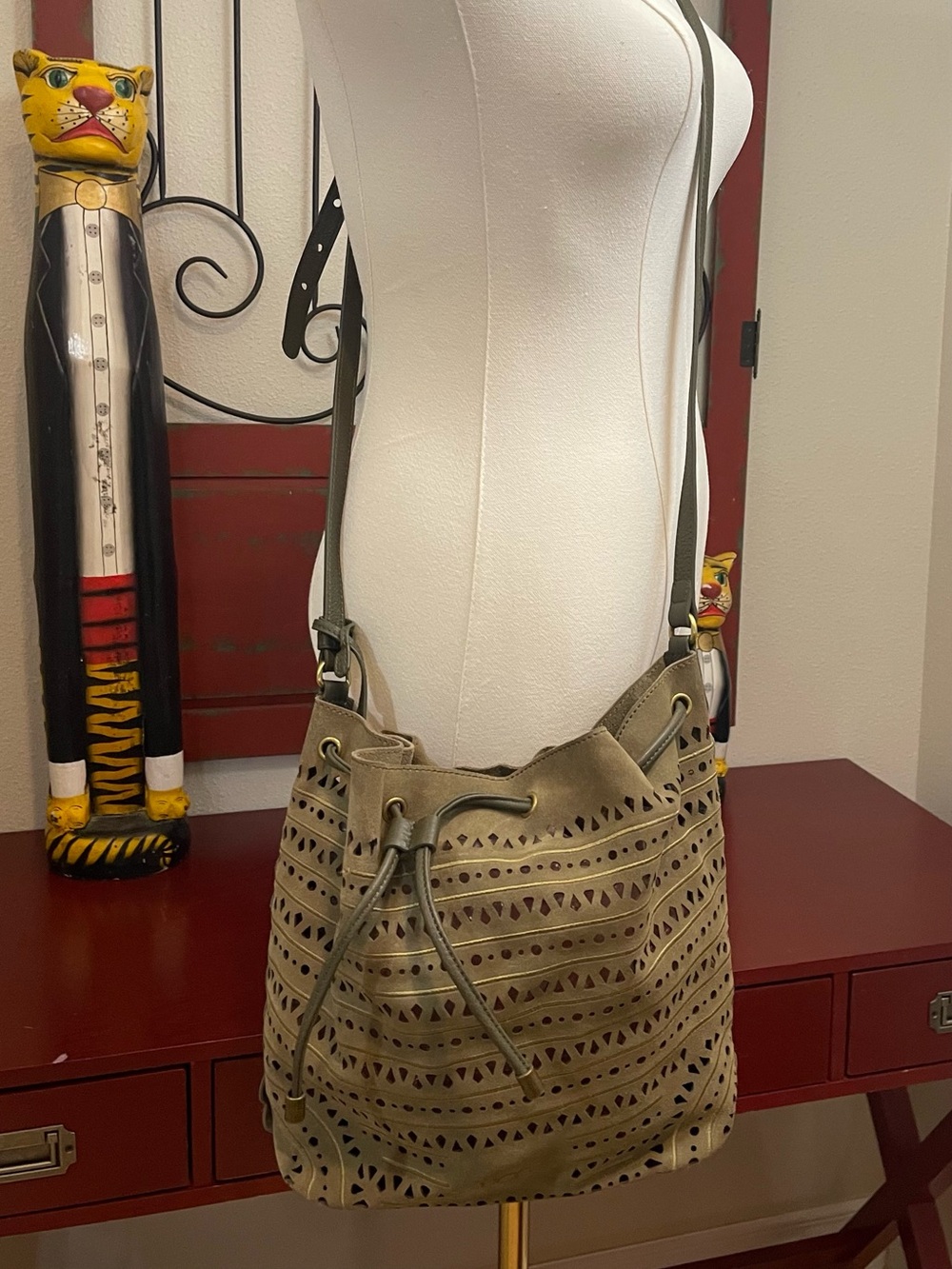 UGG Olive Suede Laser Cut Drawstring Bucket Bag & Zip Pouch